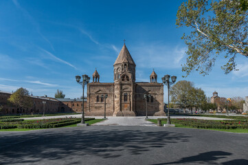 Fototapeta na wymiar Mother Cathedral in Etchmiadzin city, one of the oldest churches in the world. Early 4th century AD. Sunny day