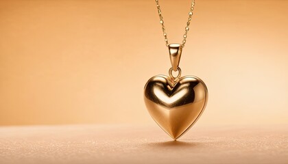 Gold necklace, heart pendant on warm backdrop. Valentine Day and Women's Day celebrations. Copy space for text