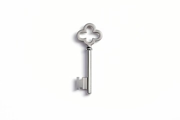 A shiny silver key with a tag isolated on a white solid background