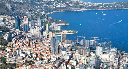 Monte Carlo: panoramic view of the city with blue sea in Summer - obrazy, fototapety, plakaty