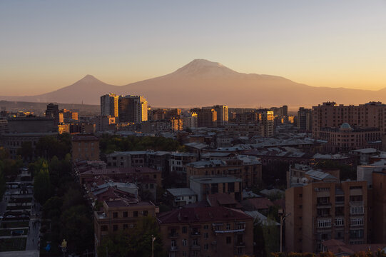 Stunning view of Mount Ararat and the city of Yerevan. Beautiful sunset