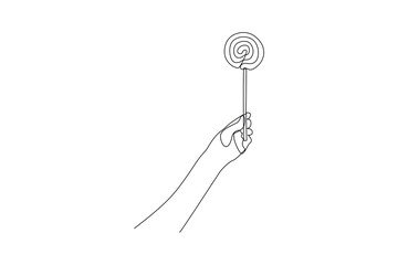 Single continuous line drawing of hand holding lollipop for gifts. Bonus or special offer. Present. Concept of celebration. One line draw graphic design vector illustration