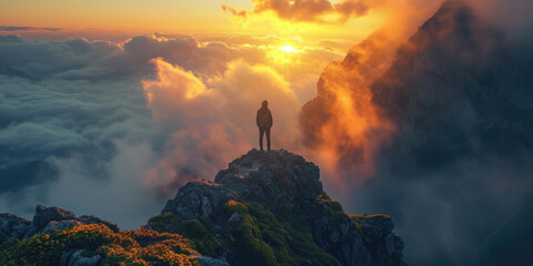 Silhouette of a person standing on a mountain with cinematic lighting during sunrise after hiking.  Person standing on a mountain during sunrise