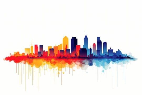 A sleek and modern vector design of a minimalist city skyline in vibrant, contrasting colors against a white solid background