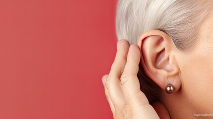 Ear of Mature woman with hearing problem on pastel color background
