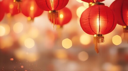 Obraz premium Red lanterns on bokeh background. Chinese New Year concept.