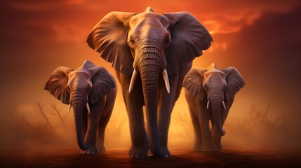 Fototapeta na wymiar Elephants in the savanna at sunset.