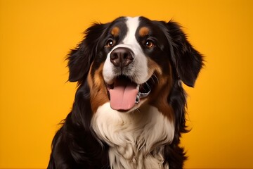 Close-up portrait of a Bernese mountain dog on a yellow background.