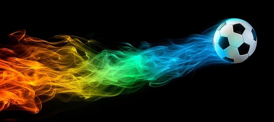Soccer ball emitting vibrant colorful smoke on black background, with space for text placement
