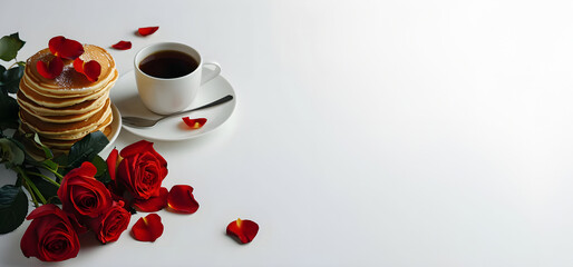 Obraz na płótnie Canvas Cup of coffee with pancakes and red roses on a white background.