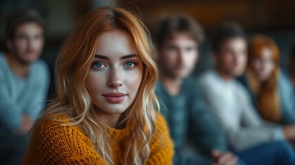 Thoughtful young woman in focus, friends gathered in blur background. casual indoor gathering. AI