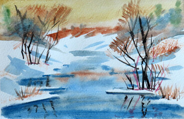 winter snowy landscape with trees and river, watercolor painting