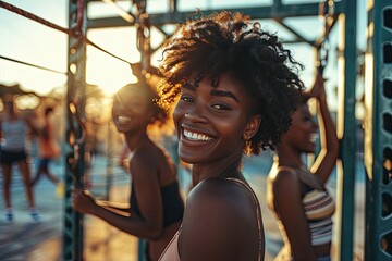 Obraz premium Young millennials african american friends on outdoor gym happy black people having fun together generation z