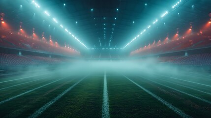 Empty football stadium illuminated by spotlights in misty night. atmospheric sports venue background. professional athletic arena with dramatic lighting. AI