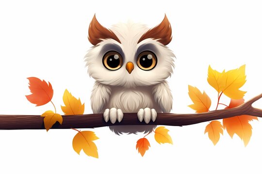 A small, white cartoon owl perched on a branch with colorful autumn leaves, with wide awake eyes, isolated on a white solid background