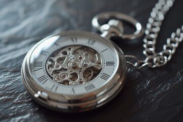 a silver pocket watch whith a hanging chain