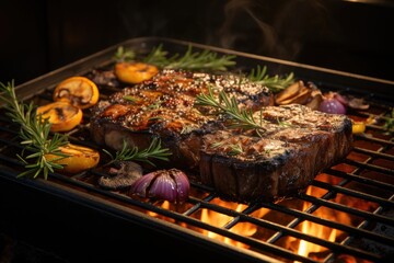 Side view of grilled steak with rosemary and mushrooms and barbecue tweezers on the barbecue, generative IA - obrazy, fototapety, plakaty