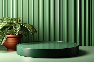 Product Podium - Green Podium, Shadowy Green Background. 3D Illustration