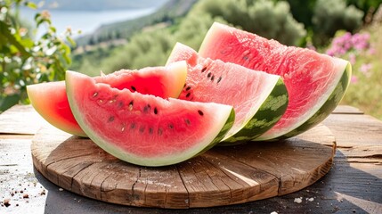Slices of ripe watermelon on a wooden table in the garden