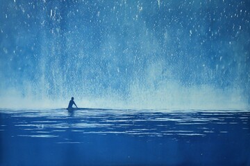 Silhouette of a man in the rain on a blue background - obrazy, fototapety, plakaty