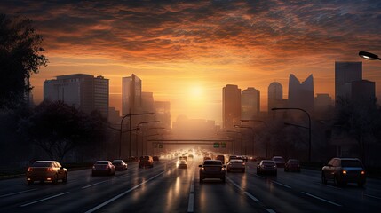 Naklejka premium Dynamic cityscape with cars in motion, weaving through morning streets, creating a lively urban scene