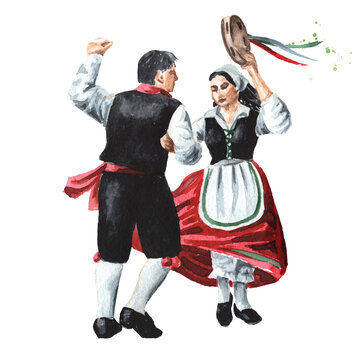 Italian folk dances. A couple of dancers in national costumes. Hand drawn watercolor illustration isolated on white background 