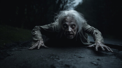 Scary elderly Senior grandma Zombie crawling on the street
