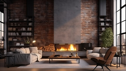Modern office interior in loft industrial style 3d fireplace, architecture, building, interior,...