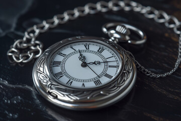 a silver pocket watch whith a hanging chain