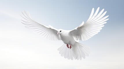 Obraz premium Wings of Peace: Free-flying white dove captured in mid-flight, isolated on a pristine white background, embodying the essence of peace and freedom.