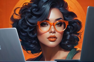 Focused Woman in orange Glasses Working on Laptop