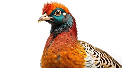 Fototapeta premium portrait of a hunted pheasant, isolated on a white background, showcasing the beauty and intricacy of a hunter's prized capture