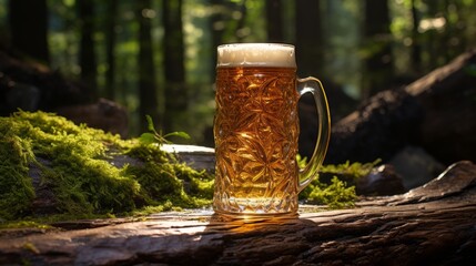 A glass of beer on a log in the forest with moss. - obrazy, fototapety, plakaty