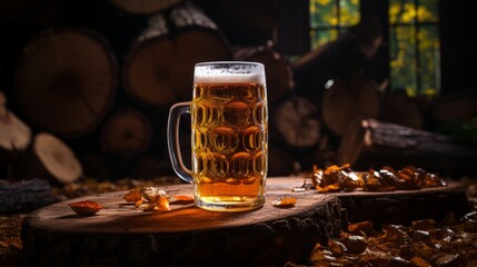 Mug of beer on a wooden log in the autumn forest. - obrazy, fototapety, plakaty