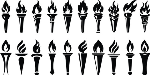Torch and flame icons in flat style set. isolated on transparent background. The symbol of victory, success or achievement. Olympic burning torch in the Eiffel Tower. World Games. vector for apps web