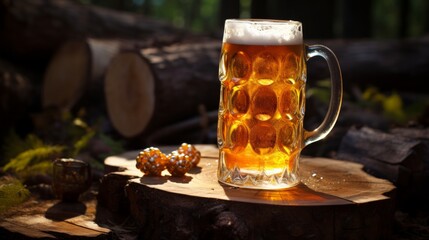 Mug of beer on a wooden table in the forest on a sunny day