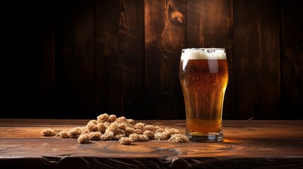 Glass of beer on a wooden background. Glass of beer with foam.