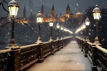 Foto op Canvas Snowfall in Prague, Czech Republic,  Old bridge over the Vltava river © Aurora