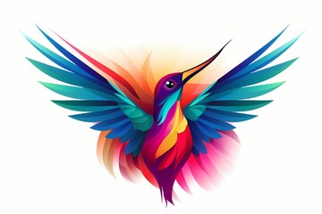 A vibrant, stylized hummingbird face emblem with minimalist shapes and an eye-catching color palette. Isolated on white background