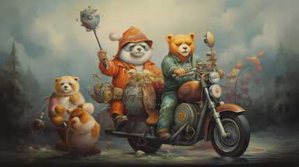 A painting of animals on a bike, a bear on a scooter