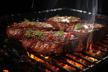 Pork or beef grilled steaks with pepper and salt are falling on the black background barbecue ..., generative IA