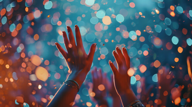 Group Of Individuals In A Collective Moment, Possibly At A Public Event, With Their Hands Up In The Air