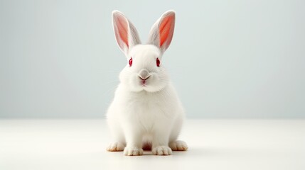 Fototapeta premium White rabbit with striking red eyes, isolated on a clean white background, showcasing the unique beauty of this albino bunny