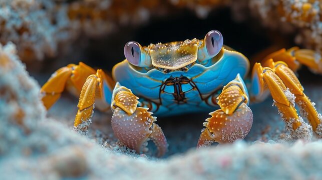 Shot of crab retreating into sand burrow on a beach , stock photography