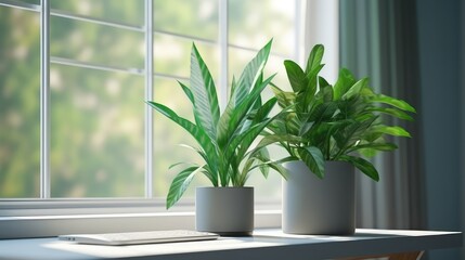 ample free space, featuring a vibrant green plant positioned against a backdrop of a spring window, a refreshing and tranquil workspace, emphasizing the harmonious blend of nature and technology.
