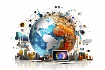 Abstract digital globe surrounded by computer-related icons, isolated on white background
