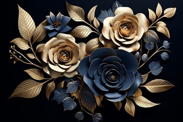 Decorative golden and black flower leaves bouquet and botanical floral arrangement seamless pattern background 3d render