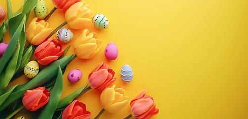 Fototapeta na wymiar Marigold tulips and cheerful Easter eggs on bright yellow.