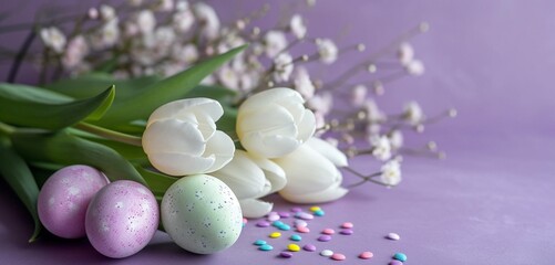 White tulips on a lilac backdrop with pastel Easter eggs.