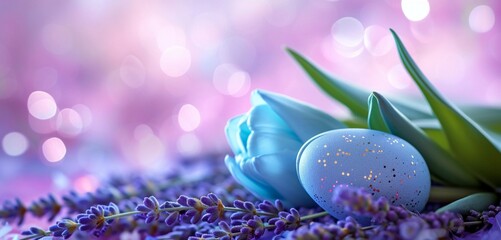 Teal tulips, pastel Easter eggs on lavender.